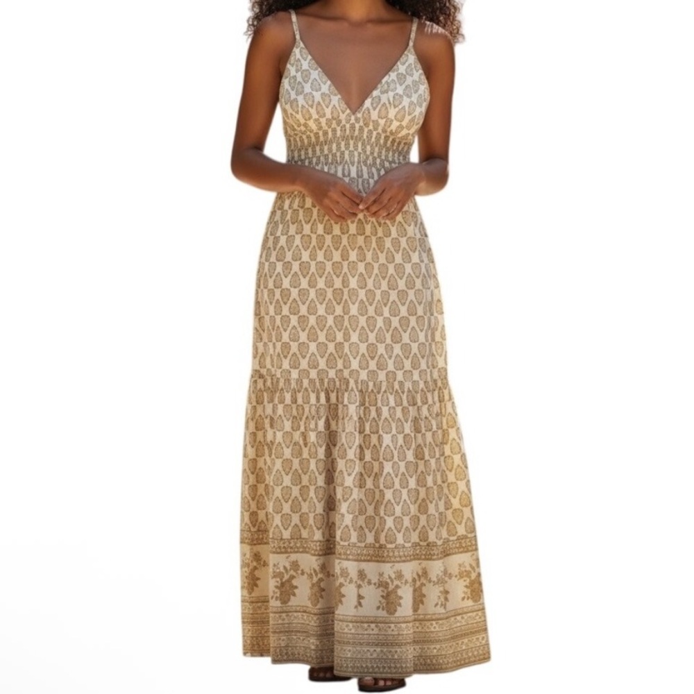 SIM & SAM The Line Blend Deep-V Smocked Tiered Maxi Dress in Oat & Cream SZ: S